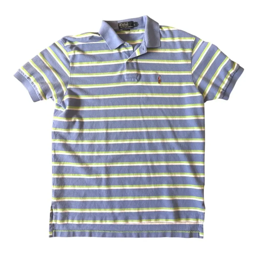 Polo by Ralph Lauren Men's Blue Stripe Cotton Pique Polo Size Large
